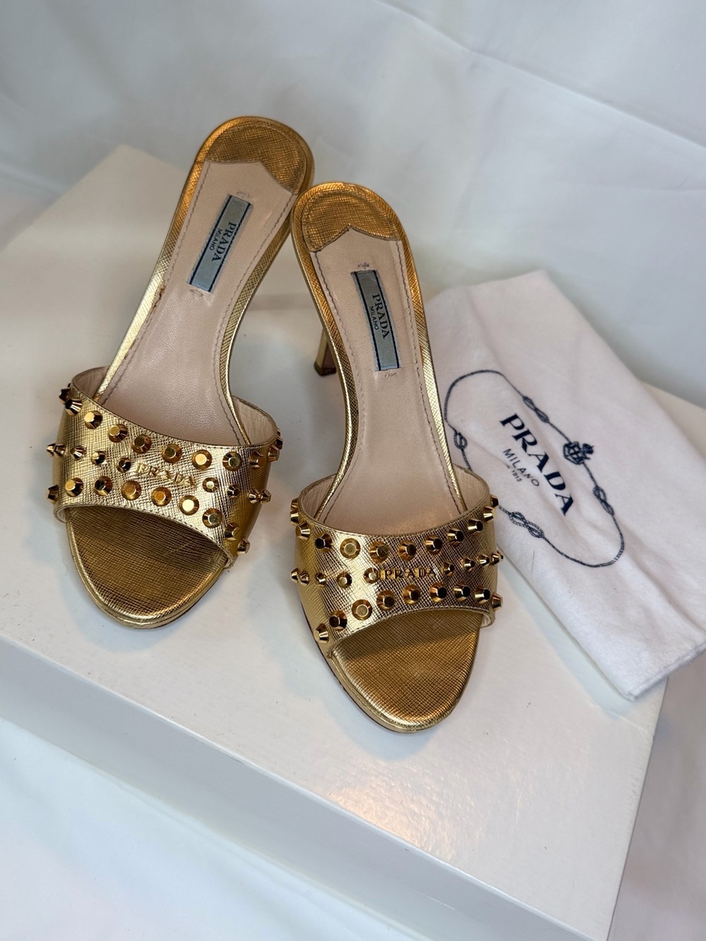 Authentic Prada Metallic Gold Studded Slide Heels